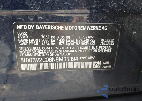 2022 BMW X7 xDrive40I z USA, uszkodzony, nr VIN 5UXCW2C08N9M85394